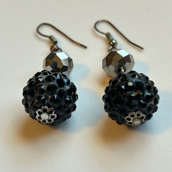 Gothic Shamballa Black Crystal Dangle Earrings Statement Y2K Vintage Jewelry - Picture 5 of 11